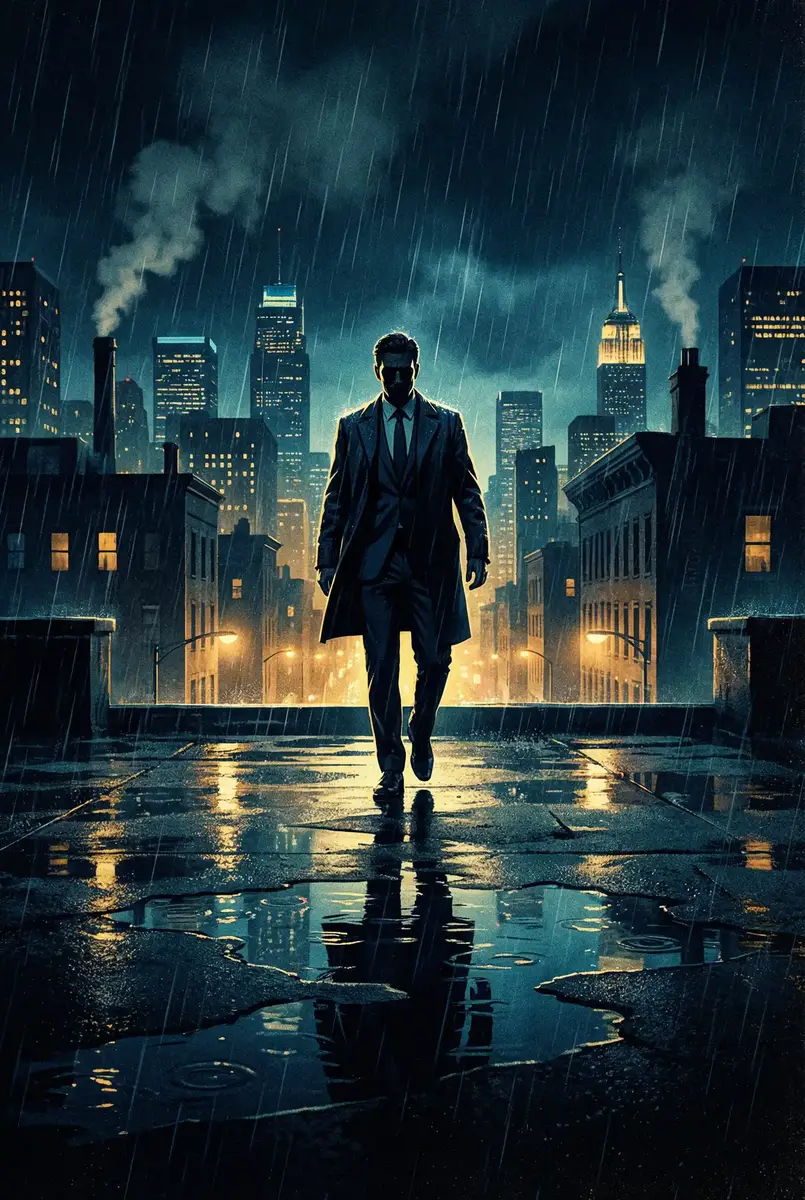 伊久线香蕉观新综合在线 出品影片《雨夜独行者》海报，雨中城市屋顶男性剪影